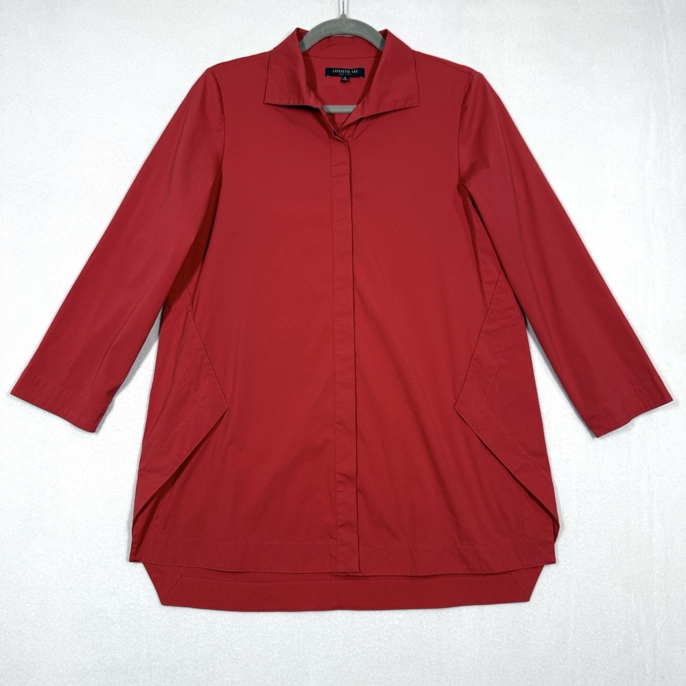Lafayette 148 Top Womens Small Tunic Red Cotton Stretch Hidden Button Shirt